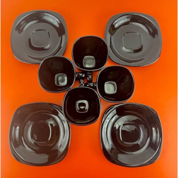 Vintage 1980s demitasses and saucers set, square black glass, Arcoroc France - Picture 8 of 10